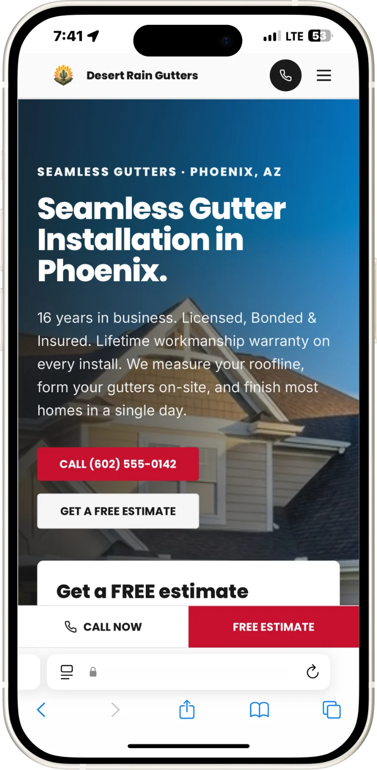 Desert Rain Gutters website on a phone