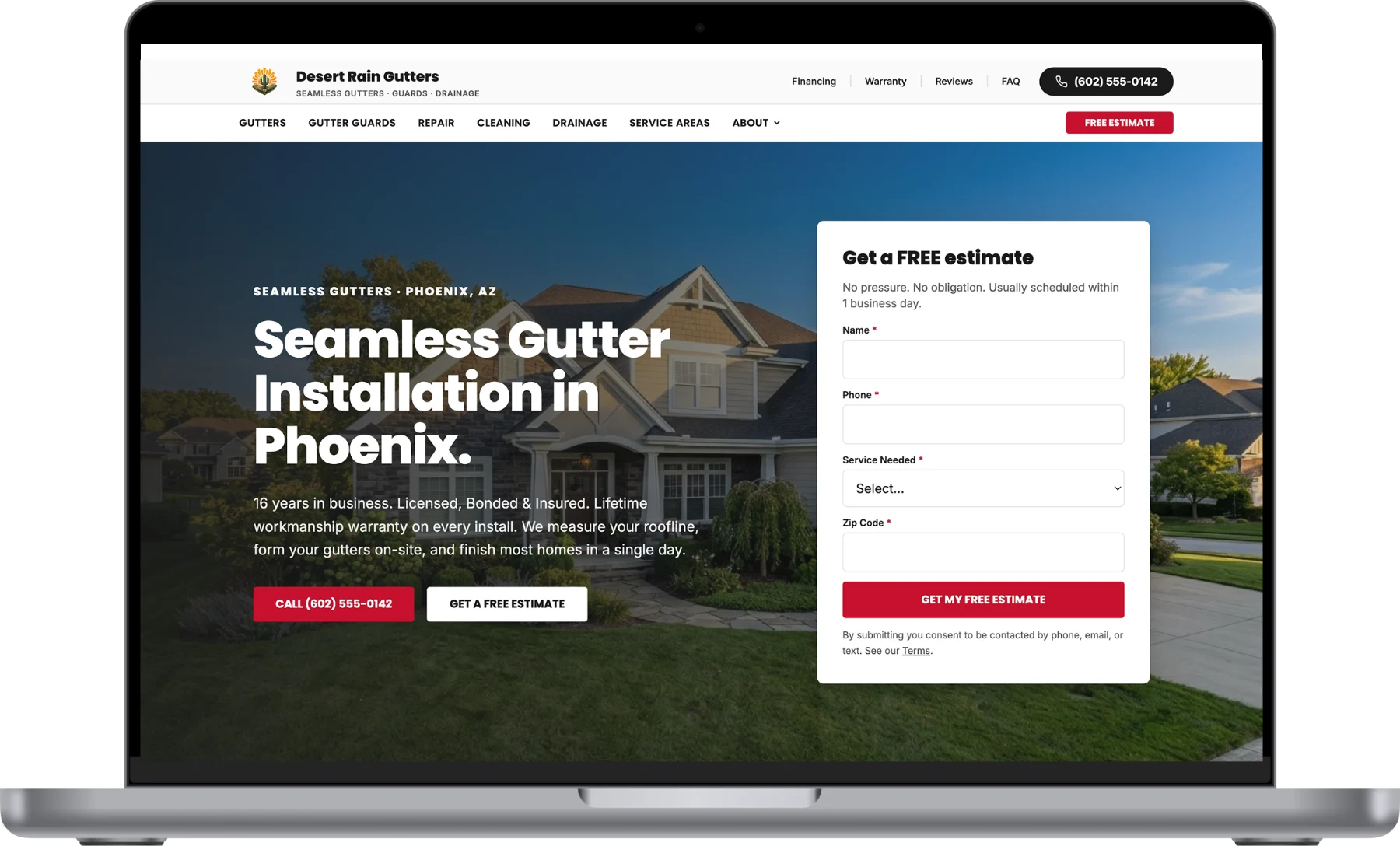 Desert Rain Gutters website on a laptop