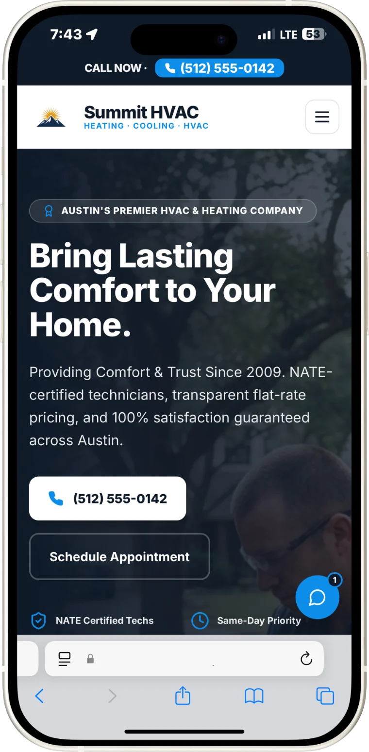 Summit HVAC website on a phone