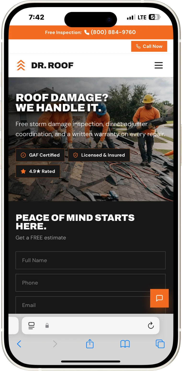 Dr. Roof website on a phone