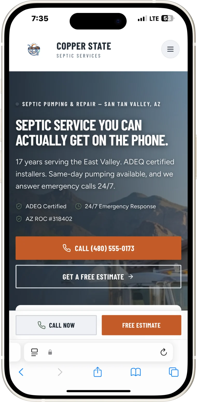 Copper State Septic website on a phone