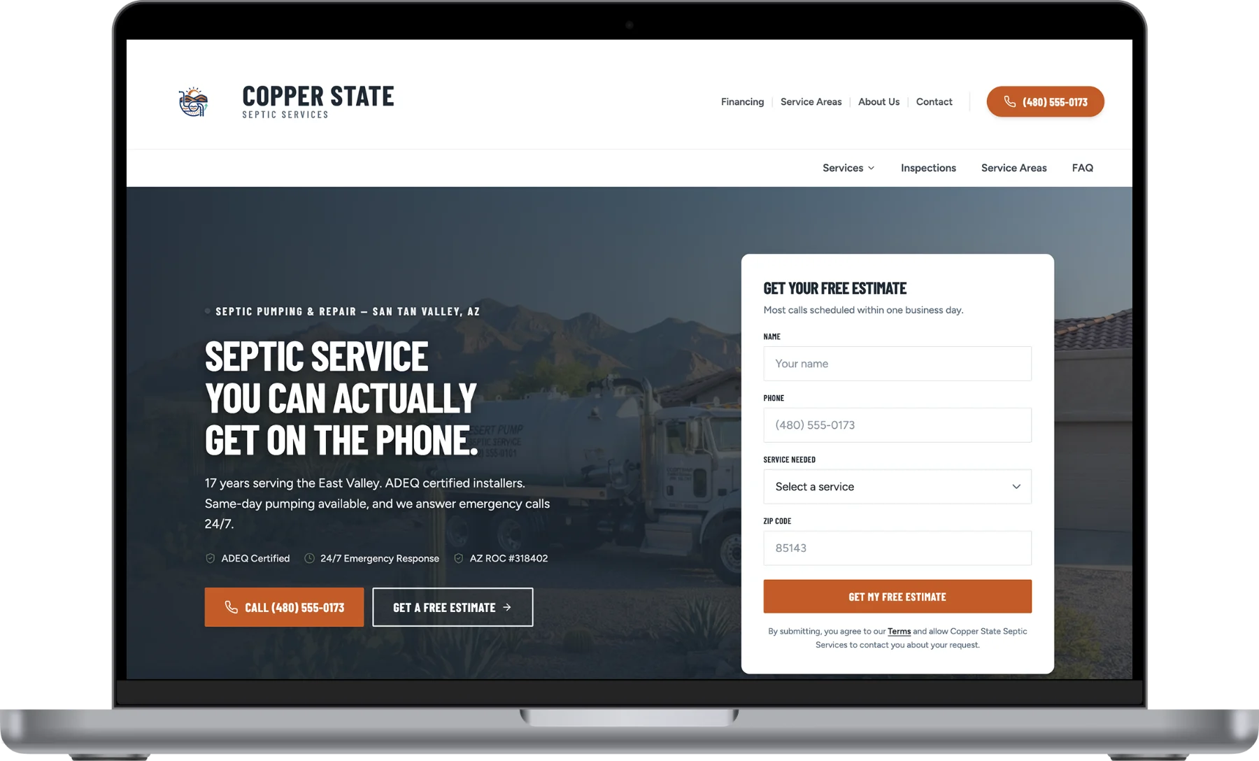 Copper State Septic website on a laptop